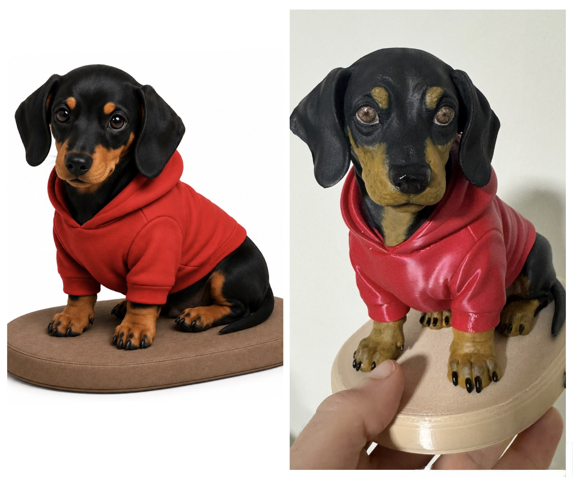 Referência de um cachorro preto e marrom com moletom vermelho, à esquerda, e miniatura produzida, à direita.