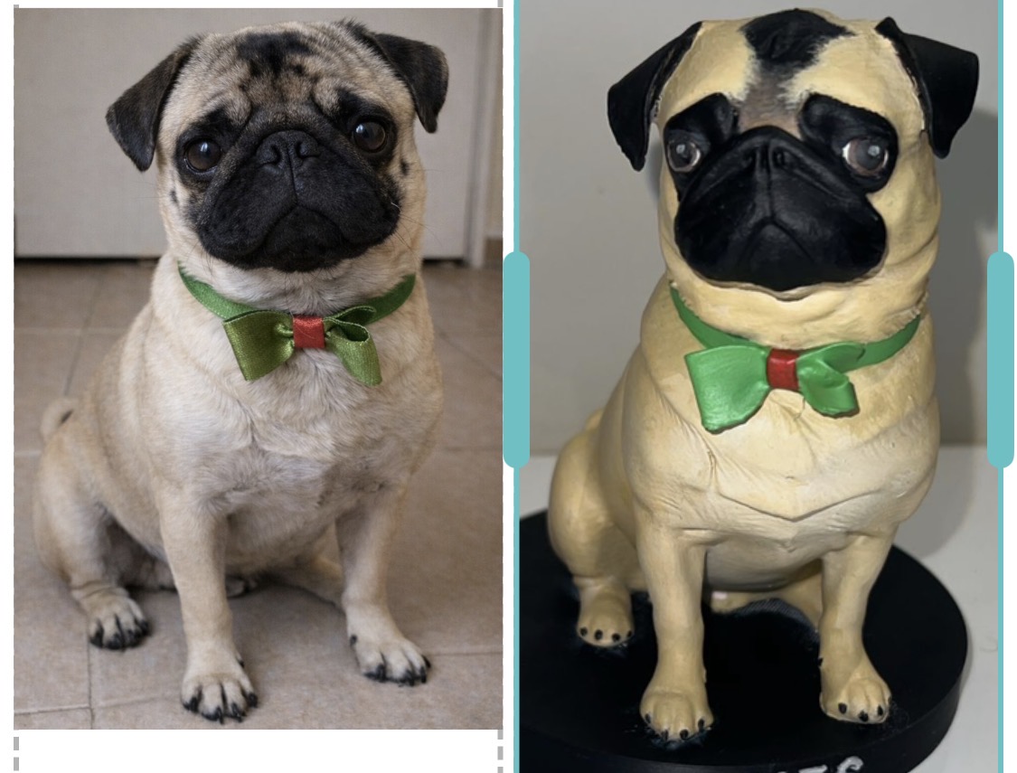 Foto de um pug com gravata verde e vermelha, à esquerda, e miniatura produzida, à direita.