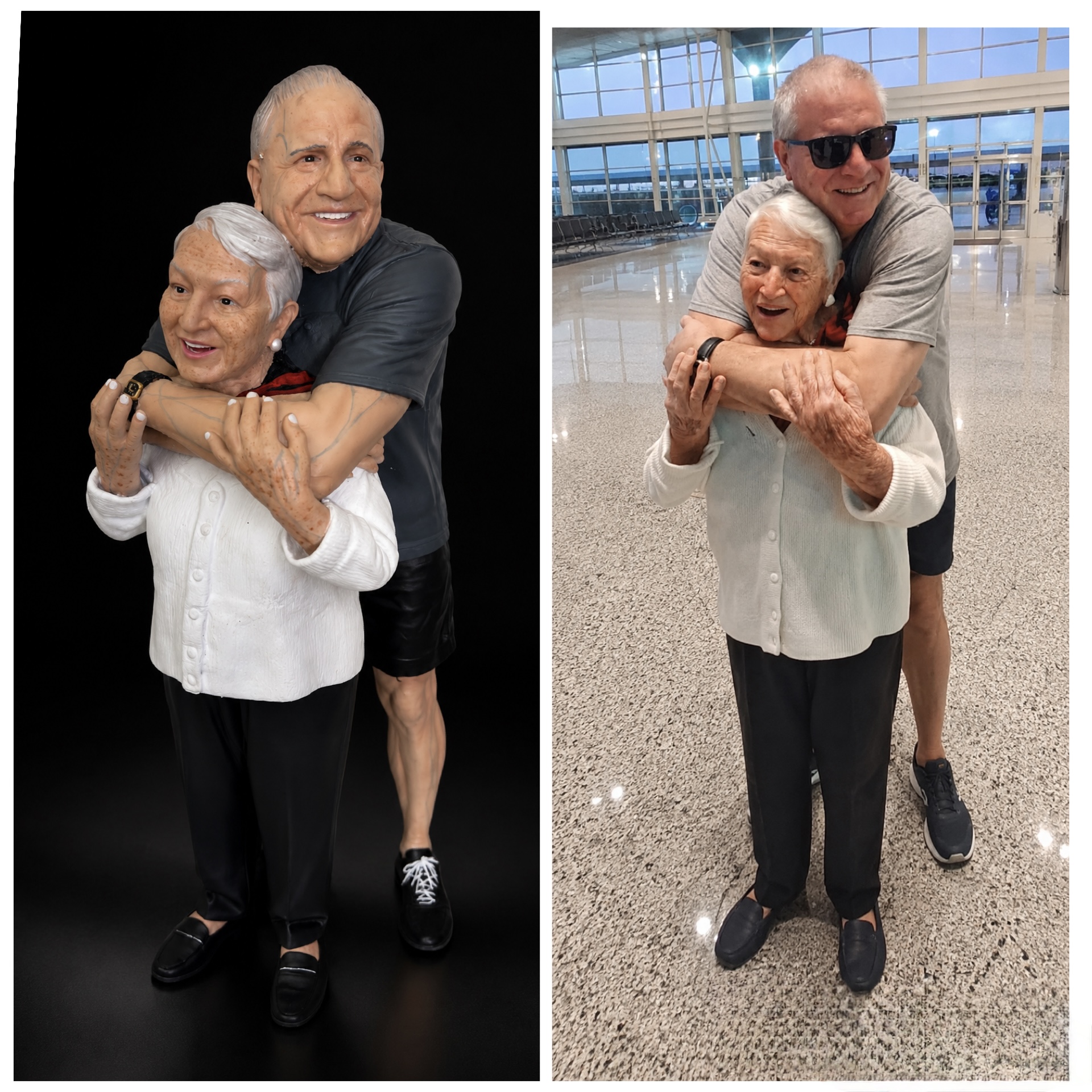 Escultura de um casal abraçado ao lado da fotografia de referência