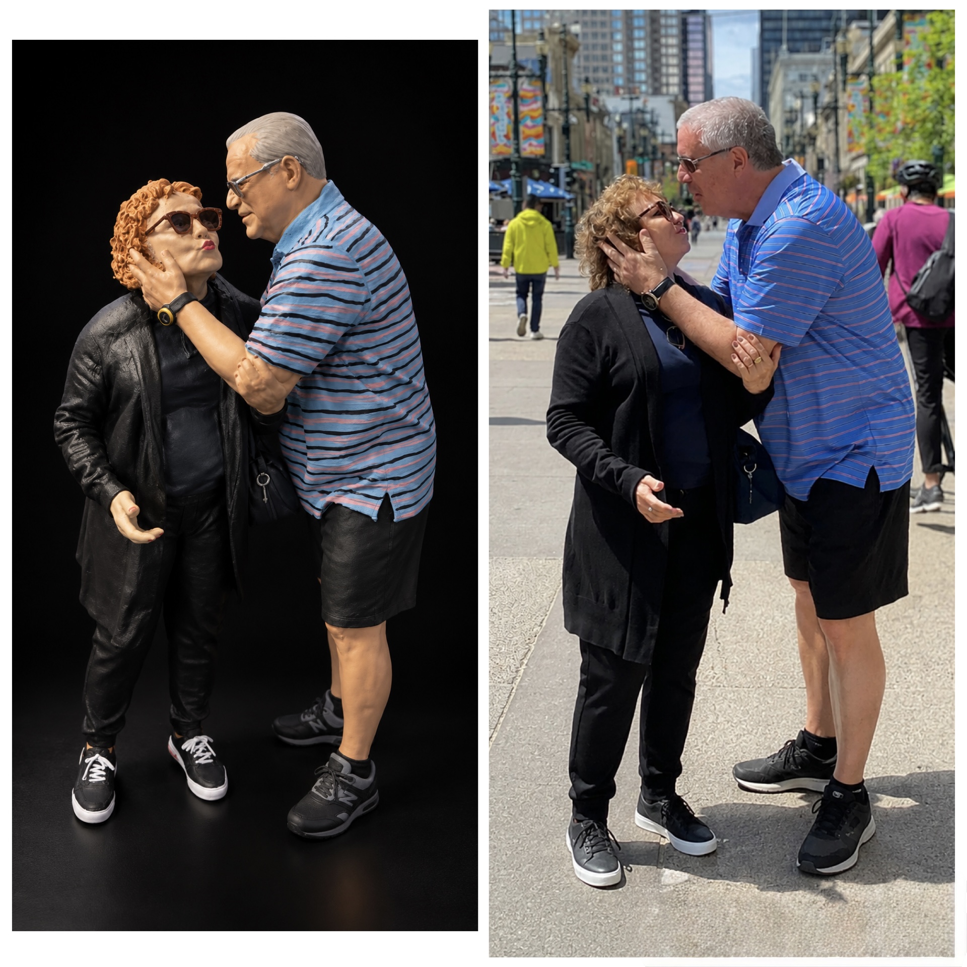 Escultura de um casal, à esquerda, e fotografia da pose de referência, à direita.