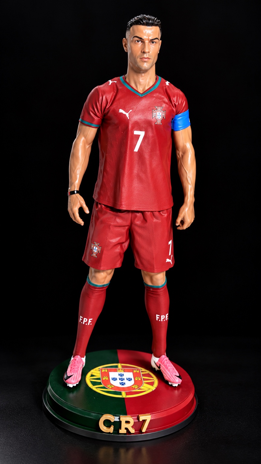 Miniatura realista de Cristiano Ronaldo com uniforme vermelho de Portugal e base CR7.