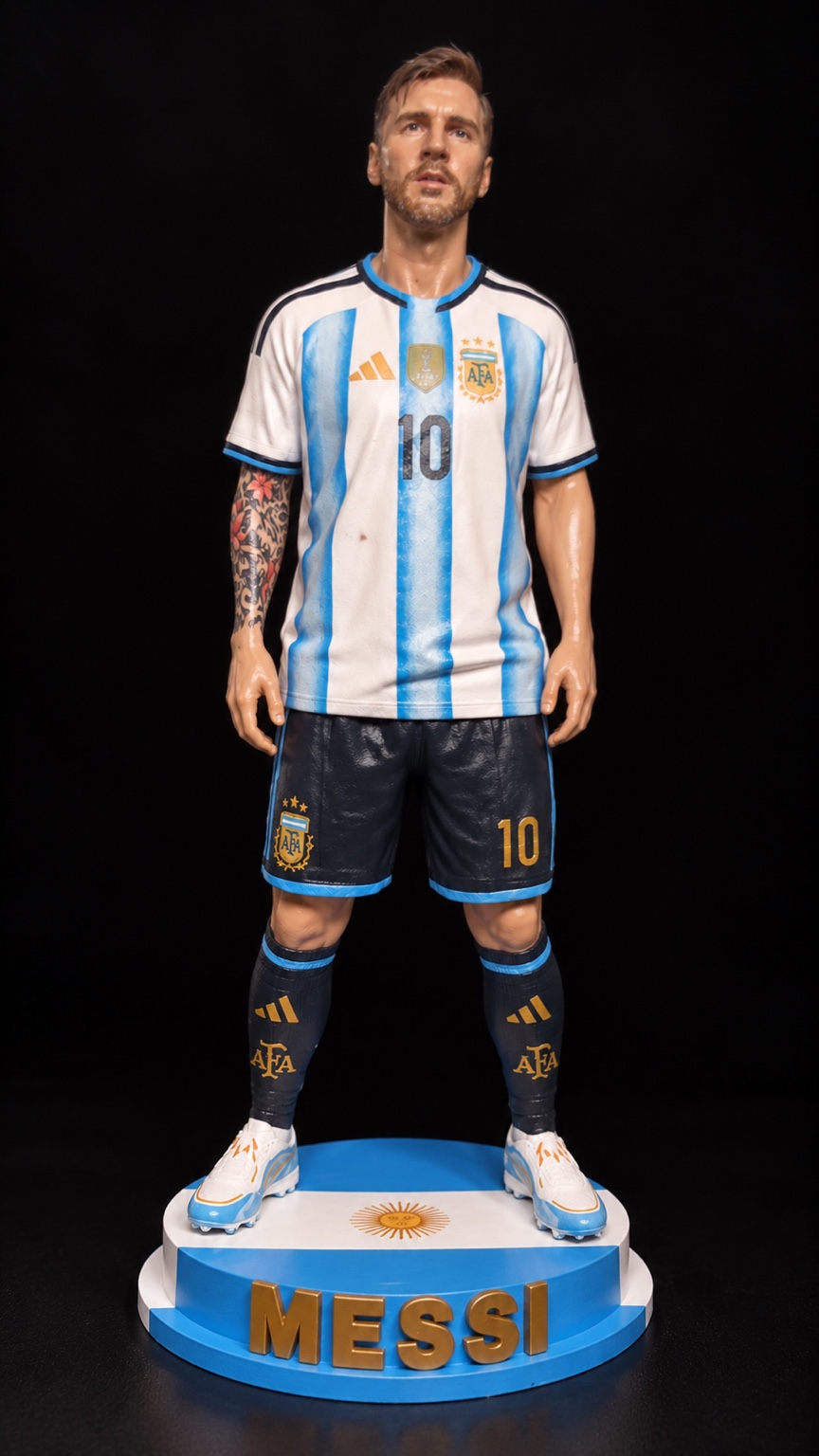 Miniatura realista de Lionel Messi com uniforme da Argentina e base personalizada.