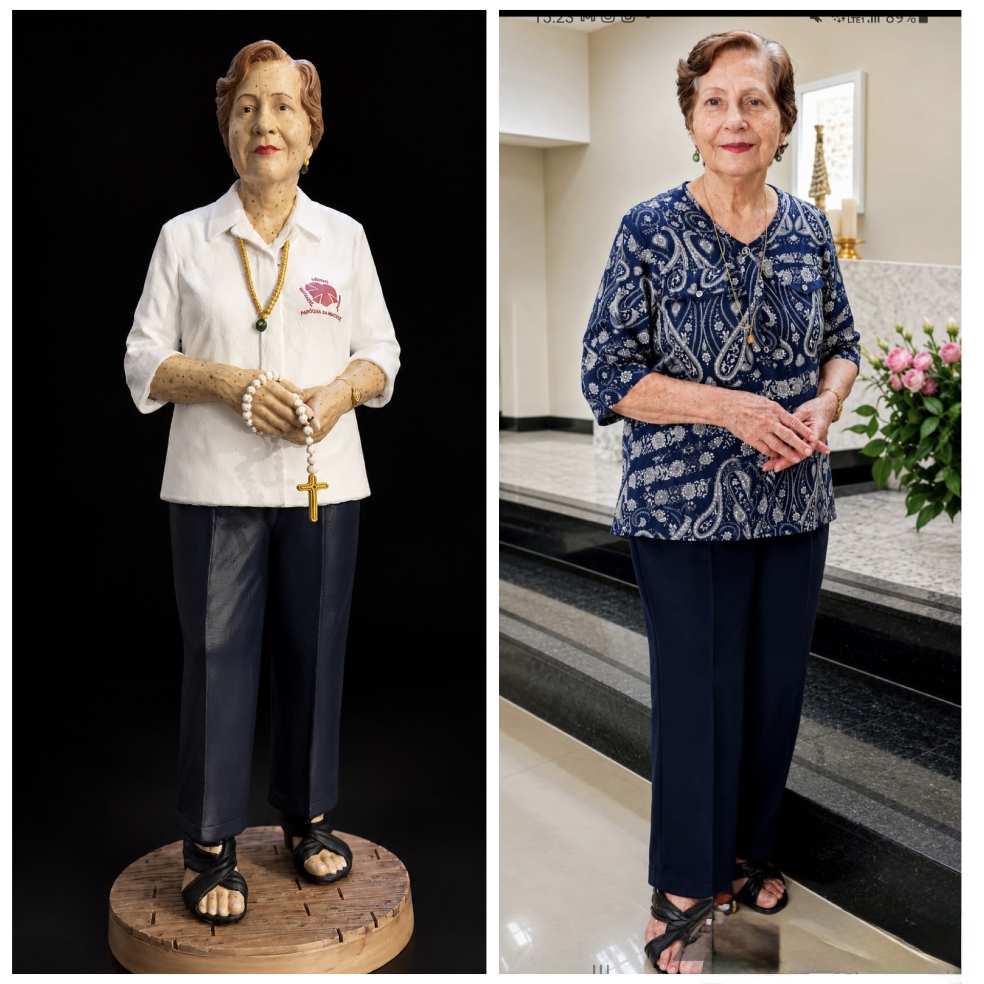 Escultura feminina com blusa branca e terço, à esquerda, ao lado da foto de referência.