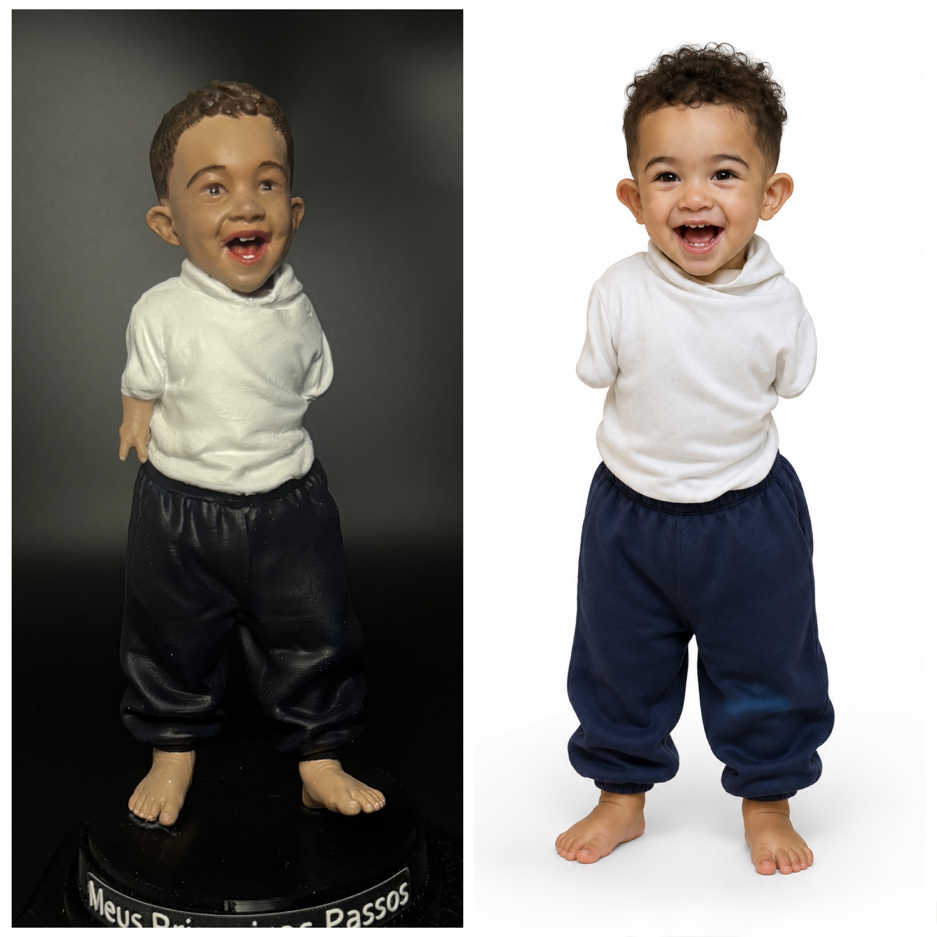 Escultura infantil com blusa branca e calça escura, ao lado da foto de referência.