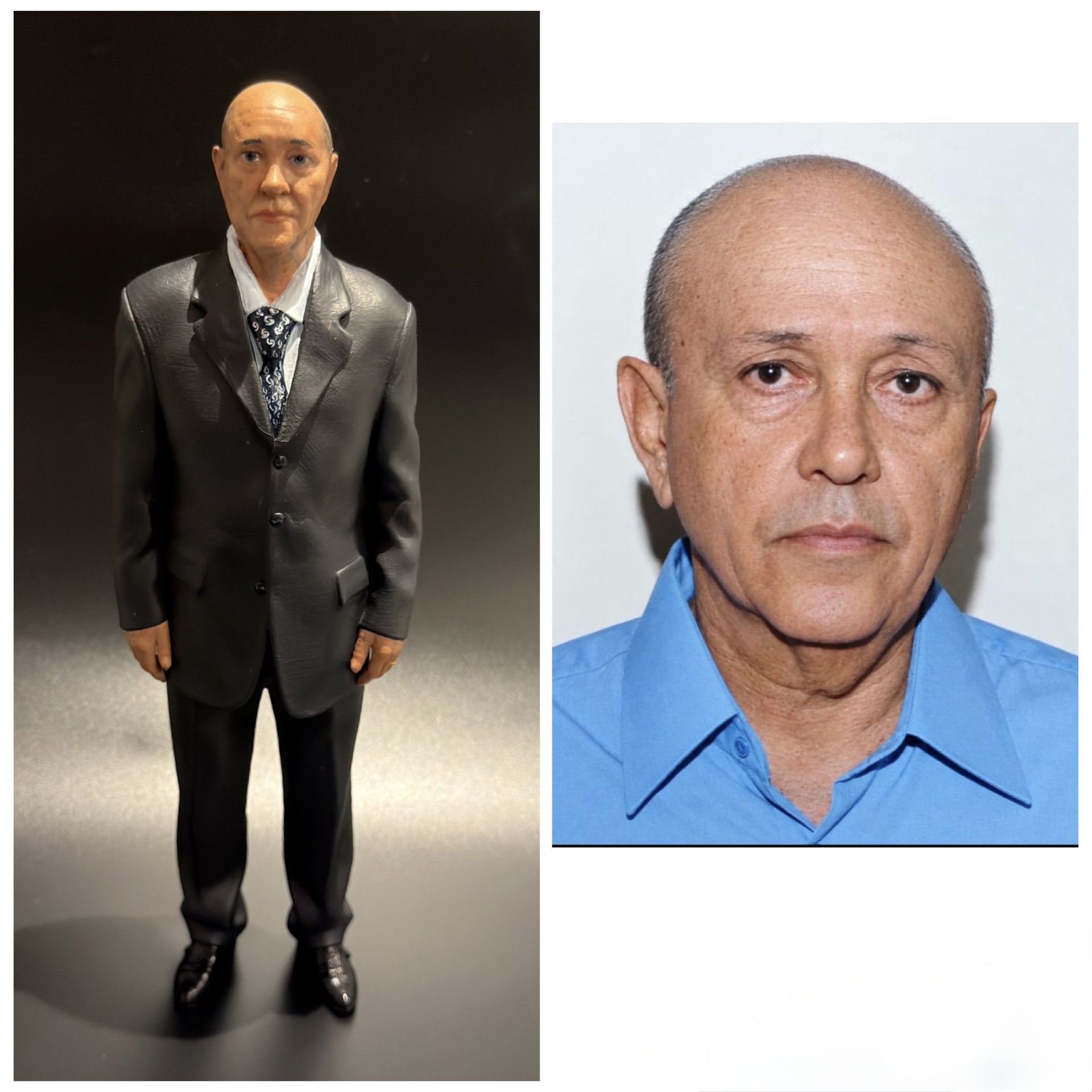 Miniatura masculina de terno, à esquerda, e fotografia do rosto usada como referência, à direita.