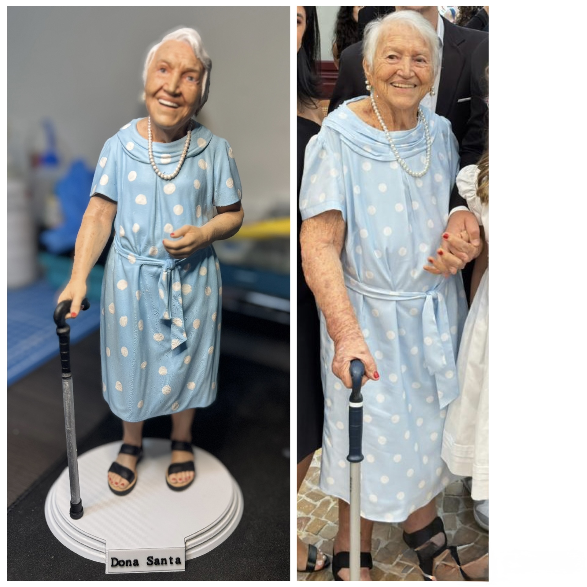 Escultura de uma senhora com vestido azul e bengala, ao lado da foto de referência.